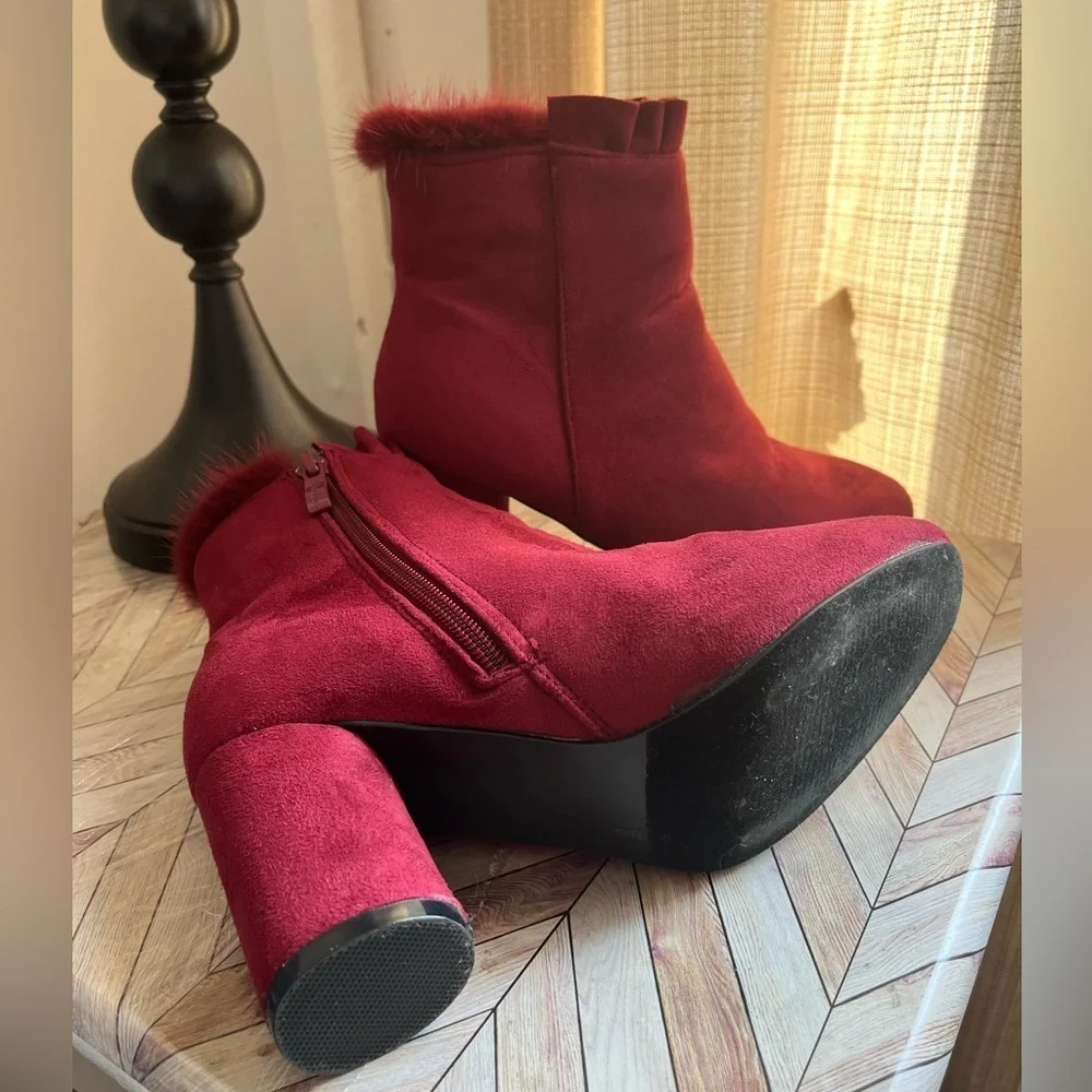 Elegant Weeboo Burgundy  Faux Suede Ankle Boots with Ruffle Trim – Size 6